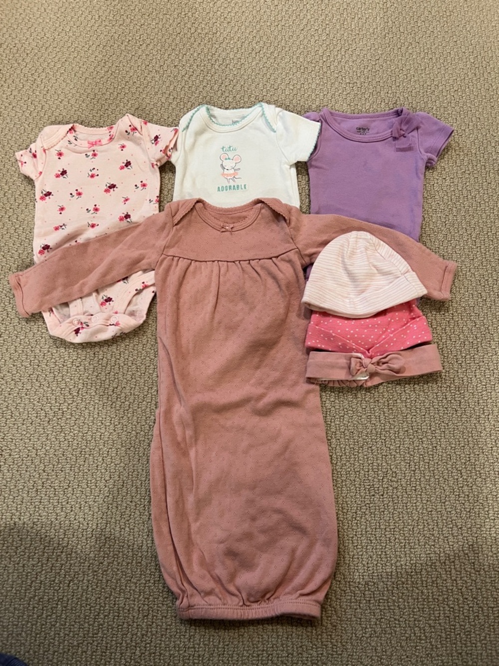 Newborn Baby Girl Bundle NB Carter’s Onesies Sleep Sack Hats 7 Pieces
